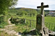 Pilgrimsstien flankeres af gamle stenkors. Portugisisk Camino