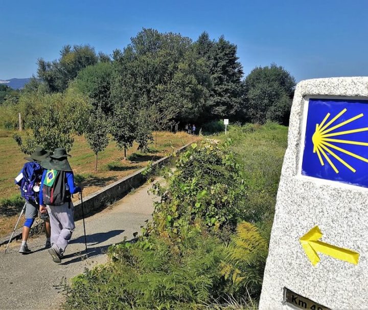 Vejviser i granit viser vej på pilgrimsruten. Portugisisk Camino