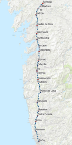 Den Portugisiske Camino central rute kort